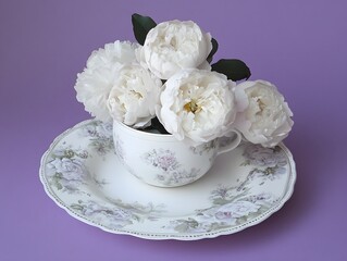 Elegant White Peonies in Vintage Teacup on Saucer