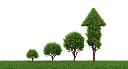 Trees growing on grass, one shaped as an upward trending arrow.