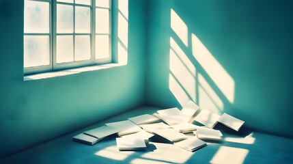 Sunlit Room Corner with Scattered Blank Books and Papers