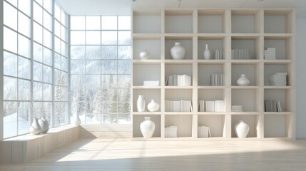 Interior with Bookshelf, Vases, and Winter Window View