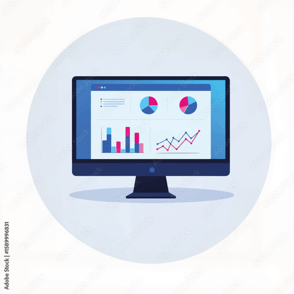Poster Computer monitor displaying colorful data charts and graphs  