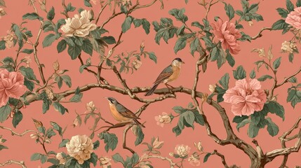Floral Branches with Birds and Pink Background