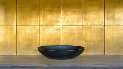 Black Bowl on Gold Tile Wall Minimalist Background