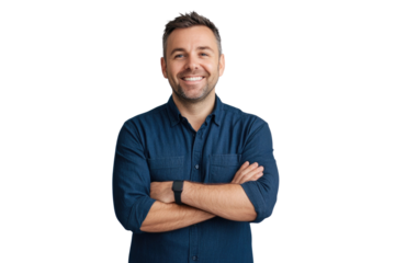 Portrait of 30 years old smiling man looking at camera with crossed arms. Happy boy standing in creative office. Successful businessman standing in white background PNG