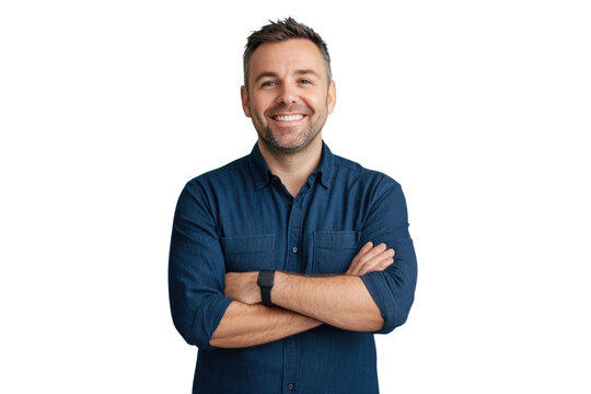 Portrait of 30 years old smiling man looking at camera with crossed arms. Happy boy standing in creative office. Successful businessman standing in white background PNG