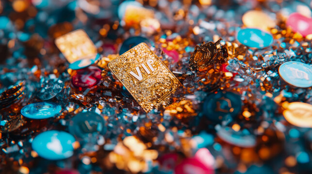 Exclusive Golden VIP Card on a Multicolored Shimmering Bed, representing Elite Status and a Prestigious Celebration Experience.