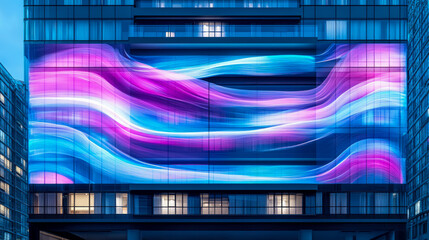 A futuristic urban building with a large luminous LED screen showcasing vibrant abstract light waves in blue and purple hues, an architectural highlight for city life.