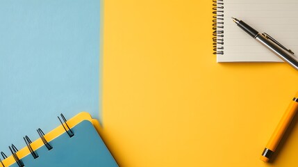 Blue Yellow Background Spiral Notebooks Pens Flatlay
