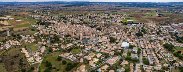 Aerial view of the old town of Paulhan in France on a sunny day in spring.