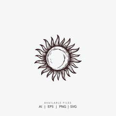 Hand Drawn Vintage Sun Icon, Stylized Sun Sketch, Abstract Sun Illustration with Rays 