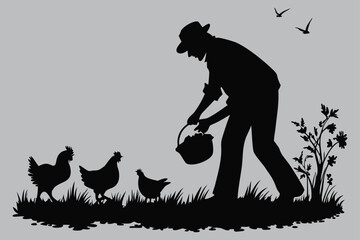 Farmer feeding chickens in morning silhouette vector design art and illustration © MD. MIZANUR