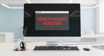 Remote access detected message displayed on a computer screen, signifying data breach. Cybersecurity alert for privacy and surveillance.
