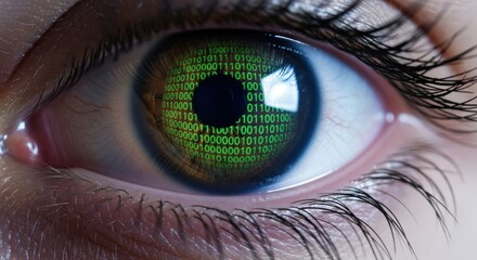 Human eye with green binary code reflecting inside the pupil. Concept of cybersecurity, digital surveillance, data privacy, and global network.