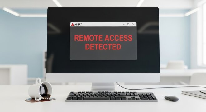 Remote access detected message displayed on a computer screen, signifying data breach. Cybersecurity alert for privacy and surveillance.