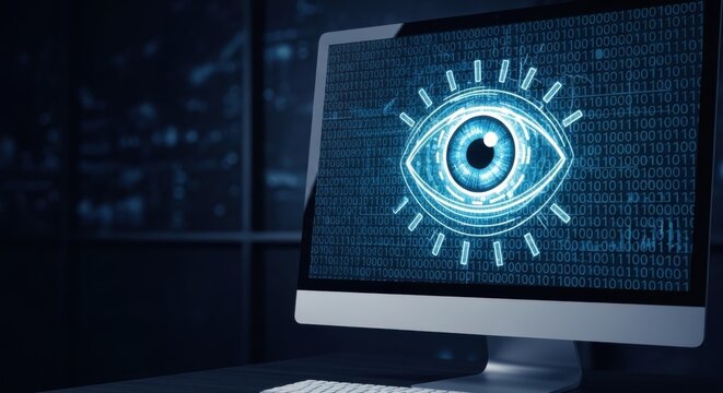 Cybersecurity concept with digital eye on computer screen. Data surveillance and online privacy. Cyber spying and internet monitoring system.