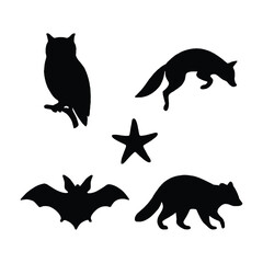 Silhouette Collection of Wildlife Creatures Bat Owl Fox Star and Raccoon.