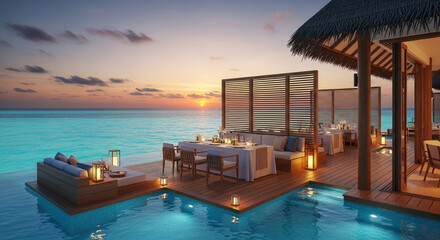 Fototapeta premium Luxurious dining experience by the turquoise ocean during a tropical sunset.