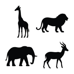 Silhouetted Wildlife Majesty Giraffe Lion Elephant and Antelope Together in Harmony.