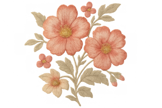 Realistic embroidery of peach and beige flowers with leaves and buds on a transparent background, perfect for textile design - Powered by Adobe