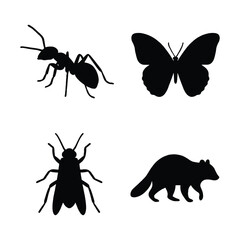 Silhouette Showcase A Collection of Fauna A Butterfly Ant Fly and Raccoon.