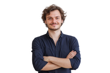 Portrait of 30 years old smiling man looking at camera with crossed arms. Happy boy standing in creative office. Successful businessman standing in white background PNG