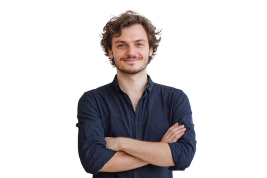 Portrait of 30 years old smiling man looking at camera with crossed arms. Happy boy standing in creative office. Successful businessman standing in white background PNG