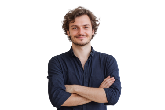 Portrait of 30 years old smiling man looking at camera with crossed arms. Happy boy standing in creative office. Successful businessman standing in white background PNG
