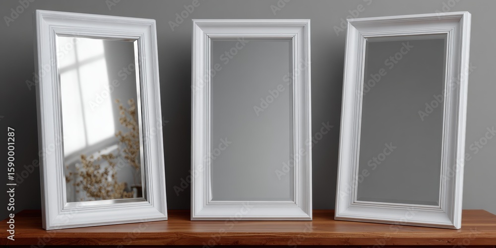 Poster three elegant mirrors in matching white frames are elegantly placed on a polished wooden surface. th