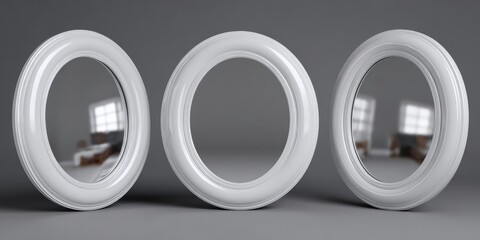 Fototapeta premium Three pristine, circular mirrors with bright white frames are arranged in a row, reflecting an indoor scene. Solid background.