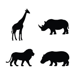 African Wildlife Silhouettes Majestic Giraffe Rhinoceros Lion and Hippopotamus in Striking Black.