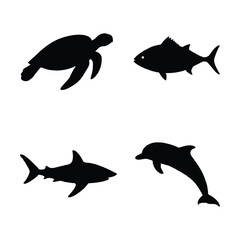 Black Silhouettes of Sea Animals Depicting a Shark Dolphin Turtle and Tuna Species.