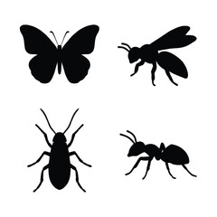 Insect Silhouettes Featuring a Butterfly Bee Beetle and Ant on a White Background.