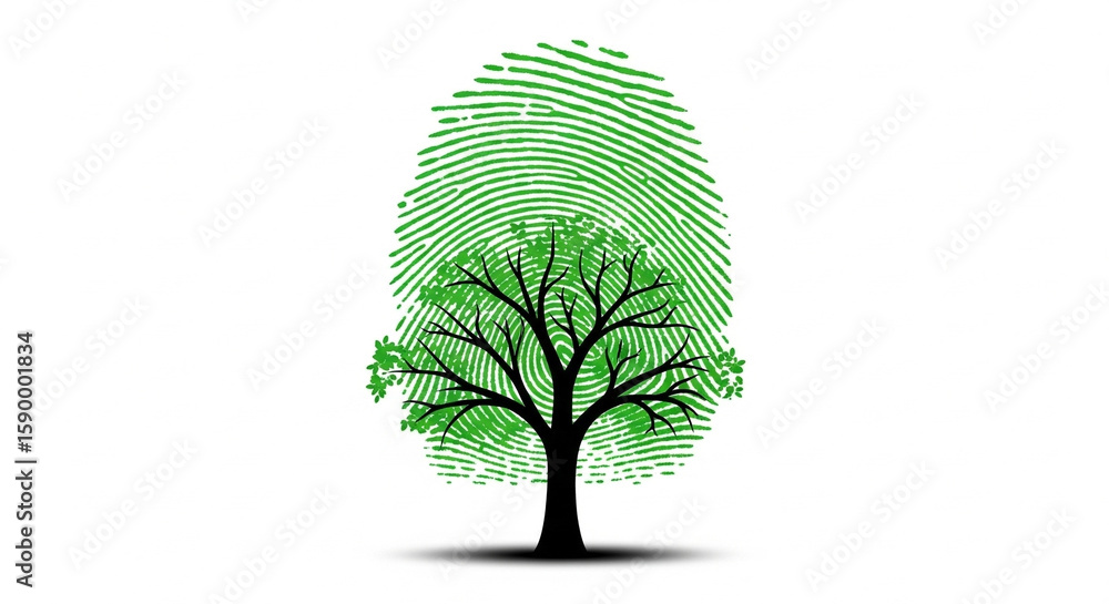 Poster fingerprint tree symbolizing environmental impact and sustainable practices on white background