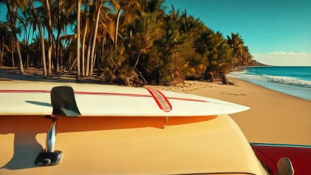 Woodie Wagon parked on sunny beach, retro surf culture nostalgia for National Woodie Wagon Day