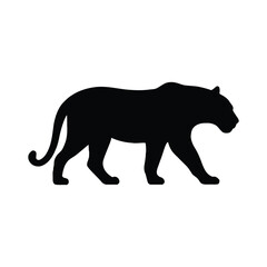 A Black Silhouette of a Walking Mountain Lion Animal Isolated on White.