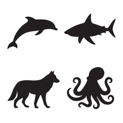 Diverse Wildlife Silhouettes Featuring a Dolphin, Shark, Wolf, and Octopus Together.