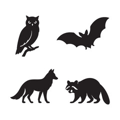 Animal Silhouettes Featuring an Owl, Bat, Fox, and Raccoon Illustration Art.
