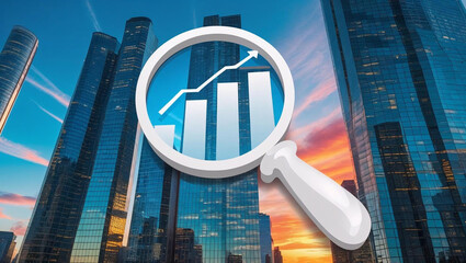 Business analysis and financial analysis. Corporate data and marketing statistics. Many graphs and charts on background of tall buildings.