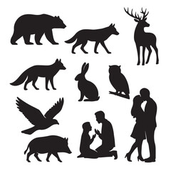 Silhouette Collection of Animals and People Illustrating Nature Romance and Togetherness.