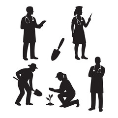 Silhouettes of Healthcare Professionals and Gardeners in Black and White Minimalist Design.