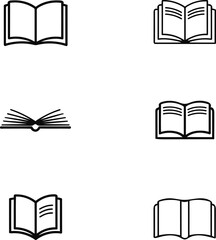 Six Simple Black and White Open Book Icons: Minimalist Education Design