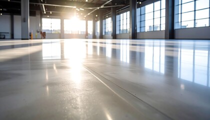 Empty warehouse with polished concrete floor. Sunlight streams through windows
