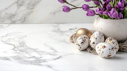   A vase with purple flowers sits atop a marble counter, surrounded by eggs and another vase of purple blooms