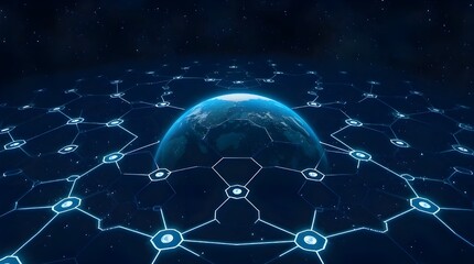 A moody Isekai anime style depicting a hexagonal patterned Earth network at night, using an expressive composition and low contrast for a strong stylistic impact