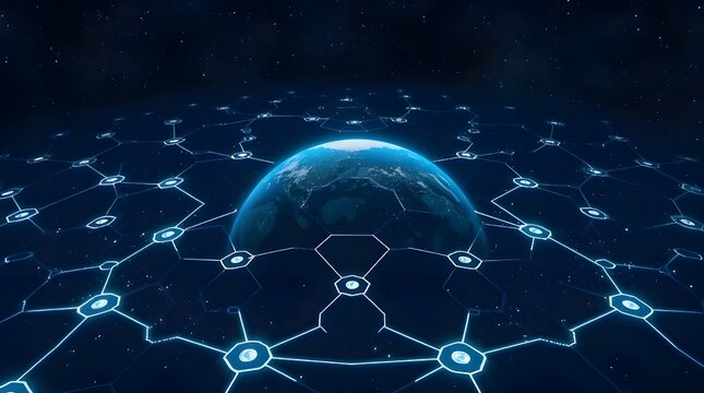 A moody Isekai anime style depicting a hexagonal patterned Earth network at night, using an expressive composition and low contrast for a strong stylistic impact