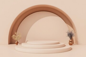 Minimalist 3D Product Podium Mockup with Arch Backdrop and Terracotta Vases in Neutral Tones