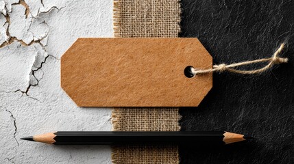 Blank Brown Tag with Pencil on White and Black Textured Background