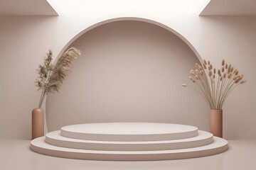 Minimalist 3D Product Podium Mockup with Arch Backdrop and Terracotta Vases in Neutral Tones