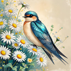 Obraz premium Vintage Swallow Bird Illustration on Wild Daisy Bouquet – Retro Botanical Art Print