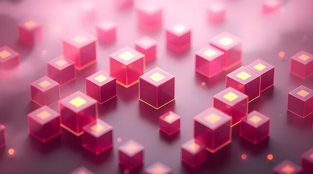 High-resolution stock photo of abstract isometric glowing pink and gold cubes. Soft focus, hazy background, soft cinematic haze effect. Commercial quality, professional lighting